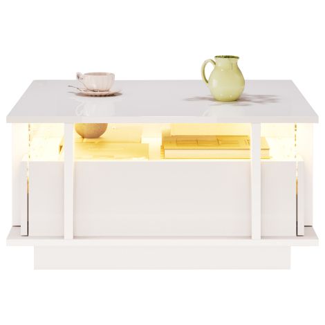 Table basse blanche haute brillance 70×70×35cm, 2 tiroirs LED acrylique