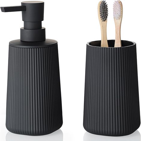 Accessoires de salle de bain : Ensemble distributeur de savon et porte-brosse à dents deux pièces, rayé noir