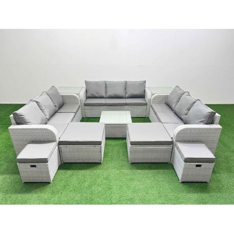 Fimous 13 Seater Outdoor Garden Furniture Set PE Rattan Lounge Sofa Set with Coffee Table 3 Seater Sofa 4 Footstools 2 Side Tables Light Grey