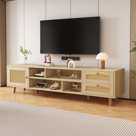 Modernluxe – Meuble TV 160 cm en bois et rotin – 1 porte, 2 tiroirs, 4 compartiments – Rangement spacieux et durable – Assemblage facile
