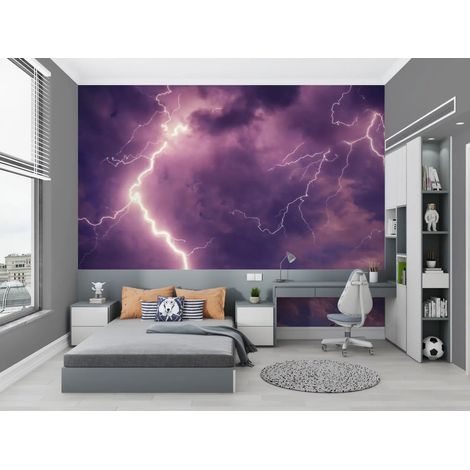 Papier Peint Paysage - Foudre Éclatante sur Ciel Violet - 150 x 250 cm (1/2)
