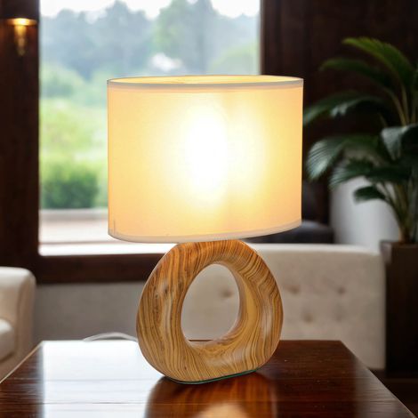 Tischlampe Keramik Stoff 28 cm hoch Braun Beige E14 Holzoptik Tischleuchte