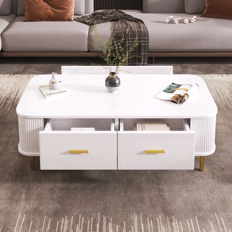 Table basse en MDF blanc 105 cm avec 4 tiroirs, côtés ondulés et détails dorés (1/5)