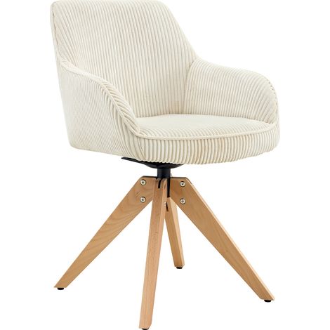 Lot de 2 chaises pivotantes légères de style rétro-luxe. Assise en velours blanc crème à rayures verticales, associée à des pieds en bois massif, pivotement à 360°. Conviennent pour la salle à manger, (1/5)