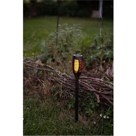 Torche solaire à LED vacillante 70cm, flamme sans danger, Résine noire ajourée, ambiance chaleureuse (1/3)