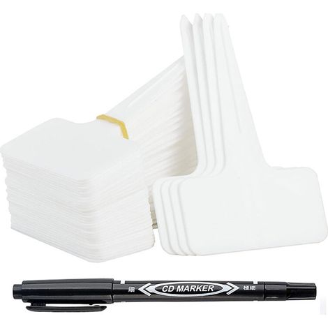 100 Reusable Outdoor Garden Labels - T-Type Plastic Plant Markers with Waterproof Pen - Vegetable Garden Labeling and Plant Accessories (White)