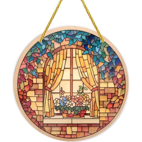 Décoration florale pour fenêtre avec rideaux et fleurs en pot, attrape soleil vitrail suspendu (1/5)
