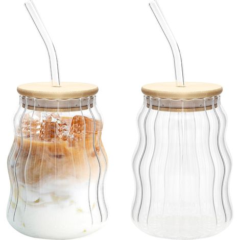 Lot de 2 Verre,Couvercle,Paille,530 ml,Borosilicate,Maison,Café (1/5)