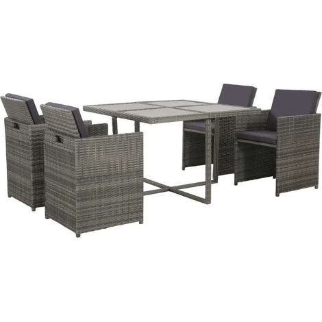Table carrée et 4 chaises de jardin résine tressée gris Iris (1/4)