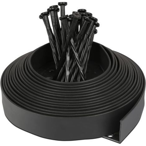 Borde flexible de césped de plástico con 30 estacas de anclaje, borde de parterre flexible, barrera redonda, longitud 10 m, altura 5 cm, negro (1/5)