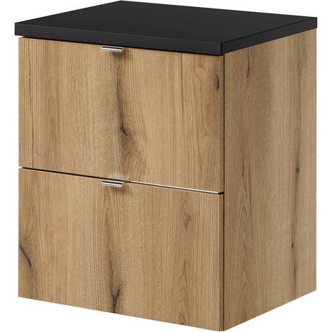 [En.Casa] – Meuble sous lavabo 2 tiroirs 50 x 60 x 40 cm – MDF effet chêne noir – Montage suspendu – Tiroirs Softclose pour fermeture silencieuse