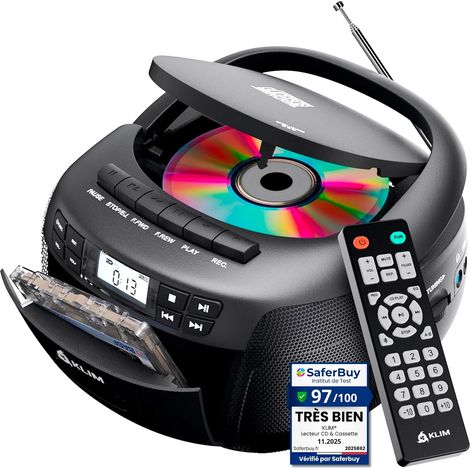 Radio Cassette CD - Bluetooth AM FM - Recording Function Dual Three Watt Speaker for Clear Stereo Sound, Mains or Battery Operated, Auxiliary Port Included - Black (1/5)