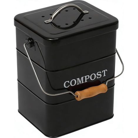 Composteur Cuisine 6 L Métal Noir avec Filtre Charbon Actif Maison Seau métal 6 L avec couvercle et filtre à charbon actif pour épluchures et biodéchets format compact sur plan de travail. (1/5)