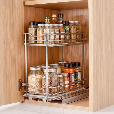 Étagère Coulissante Cuisine 2 Niveaux Porte Épices pour Placard, Rangement Coulissant pour Meuble Garde-manger, Organisateur de Placard en Métal, 11x21,5x26,5 cm, Coulissement Fluide, Argent (1/5)