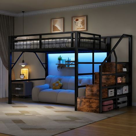 Lit Mezzanine 140x200cm Métal Noir - Éclairage LED App - Escalier avec Rangement - Gain de Place - Sans Matelas (1/5)