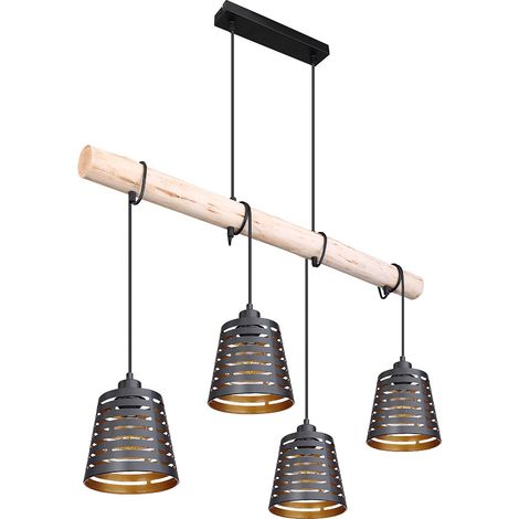 Pendelleuchte Holzbalken Hängelampe Retro Esszimmerlampe hängend mit vier Metallschirmen, schwarz gold, 4x E27, LxBxH 85x17x120 cm, Wohnzimmer