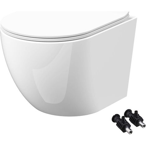 Gloss White Compact Rimless Wall Hung Toilet Pan with Soft Close Seat - Hidden Fixations
