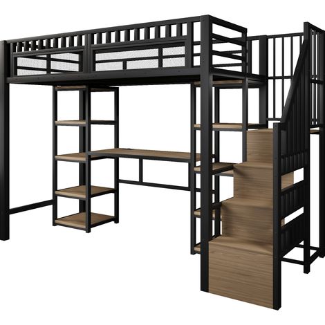 Metall-MDF-Hochbett 90 x 200 cm mit Schreibtisch, Stauraum, LED und USB, schwarz (1/5)