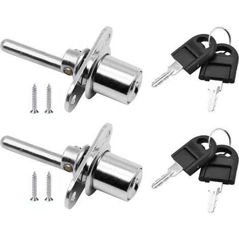 Lot de 2 serrures à piston pour tiroirs et vitrines, avec clé, diamètre 16 mm, longueur 61 mm (argent) (1/4)