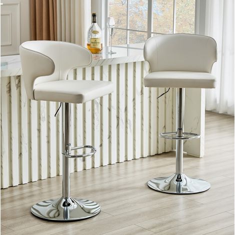 MEUBLIV Lot de 2 tabourets de bar blancs réglables 360° avec dossier et repose-pieds (1/5)