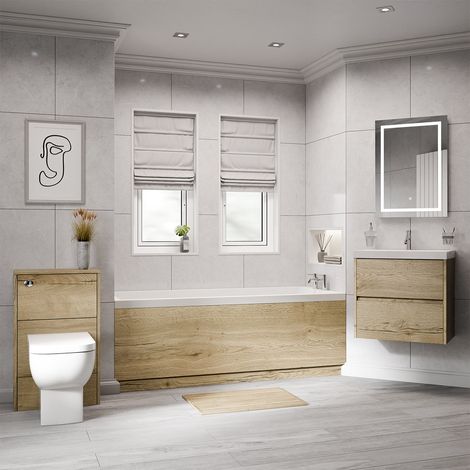 Kendel 1700mm x 700mm Straight Single Ended Bathroom Suite including Autumn Oak Furniture Set with Slim Edge Basin (1/5)