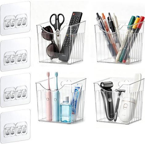 Lot de 4 boîtes de rangement murales transparentes en plastique, autocollantes, empilables – Organisateur de porte de placard pour salle de bain, cuisine, garde-manger, dortoir, bureau (1/4)