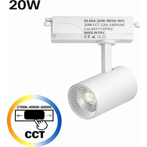 Foco LED pour Rail Monophasé 20W CCT 2700K-4000K-6000K Orientable Blanc