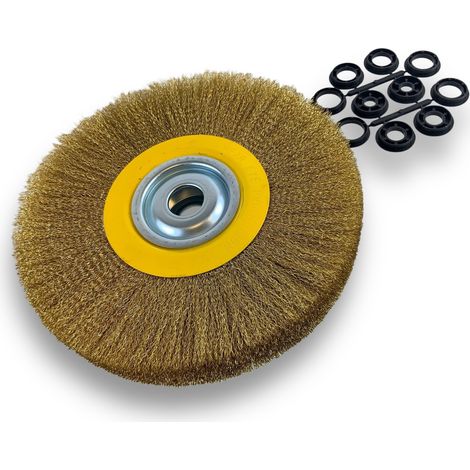 Brosse circulaire LAITON  Ø 300 mm  Epaisseur 2 rangs  Fil dur 0.30 mm ondulé  Alésage 32 mm + réducteur bague 25/22/20/16/12 mm  Touret meuleuse affûteuse ponceuse  Kibros 231302LT (1/5)