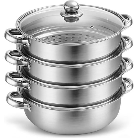 4-Layer Steamer Pot, 28 cm Stainless Steel Steamer with Steamer Insert and Glass Lid, Simultaneous Steaming, Steam Pot for Induction and Gas Stove for Vegetables, Fish, Mantou and Rice (1/5)