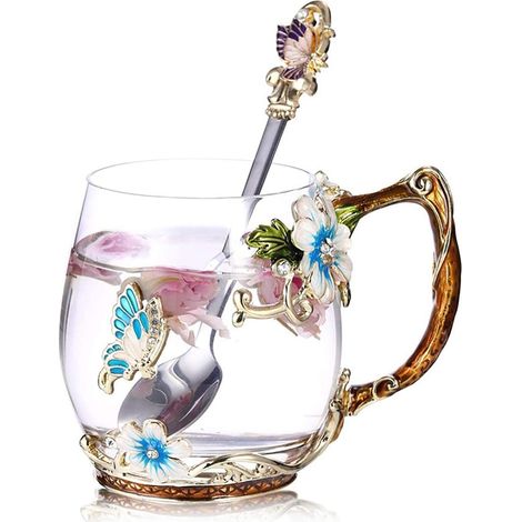 Tasses à café en verre faites à la main de 320 ml avec cuillères, cadeaux de Saint-Valentin et de fête des mères.