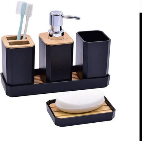 5 Accessoires Salle de Bain Bambou Noir, Lotion Porte-Brosse Gobelet Porte-Savon (1/5)