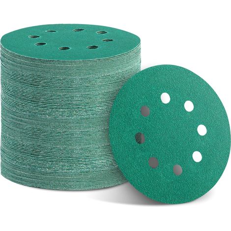 Lot de 100 disques de ponçage verts de 12,7 cm (5 pouces) - Fixation auto-agrippante à 8 trous, 10 grains différents (60, 80, 100, 120, 150, 180, 240, 320, 400, 600) pour ponceuse orbitale. (1/5)
