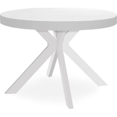 Paris Prix – Table de salle à manger ronde extensible 110-260cm – 3 rallonges – 10 couverts – MDF et métal – Blanc moderne (1/3)