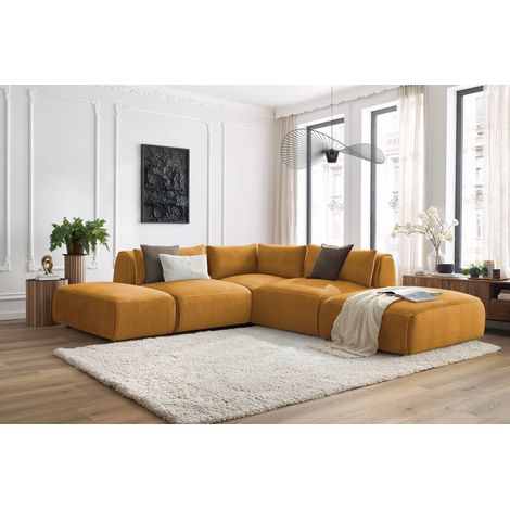 BOBOCHIC - Canapé d'angle fixe modulable JEANNE tissu velours avec 2 chauffeuses, 1 angle et 2 poufs Réversible Jaune (1/5)