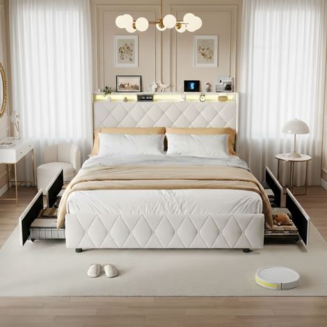 Polsterbett 160x200 mit USB-Ladeanschluss und LED-Beleuchtung, Erwachsenen-/Jugendbett aus Stoff in Leinenoptik, 4 große Schubladen + Lattenrost - Beige