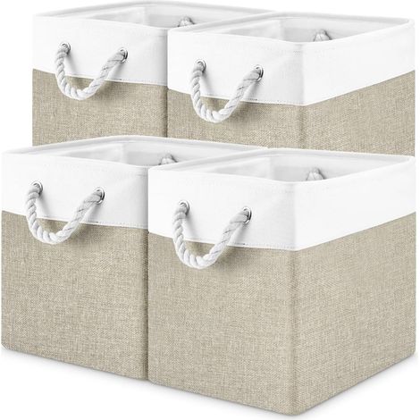 Aufbewahrungsbox, 4er-Pack Aufbewahrungskörbe aus Stoff mit Tragegriff, 22 l, waschbar, faltbar, Stoffwürfel für Regal, Schrank und Kleidung, 28 x 28 x 28 cm, Hellkhaki/Weiß (1/5)