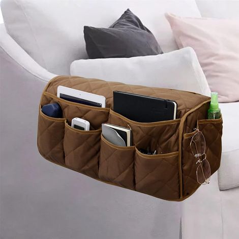 Borsa portaoggetti da bracciolo per divano con 14 tasche, ideale per riporre cellulari, telecomandi, riviste, occhiali, iPad, ecc. (colore caffè) (1/5)