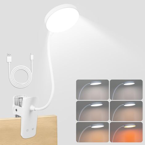 Lampe de Lecture, Lampe de Bureau Sans Fil, Lampe Pince 6 Couleurs et 5 Niveaux de Luminosité, Flexible à 360° avec Col de Cygne, Lampe de Chevet Sans Fil pour Étudier et Travailler (1/5)
