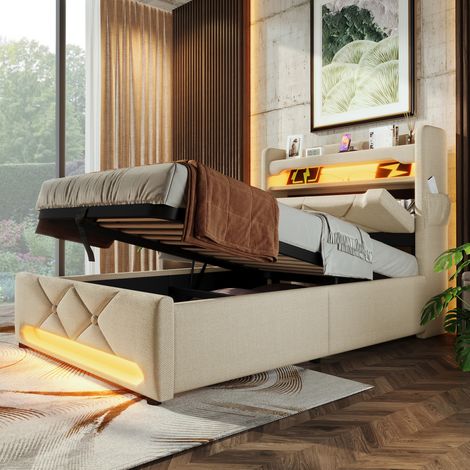 Letto imbottito in tessuto lino beige 90x200 cm con contenitore idraulico, LED 360° e testiera con USB e Type-C (1/5)