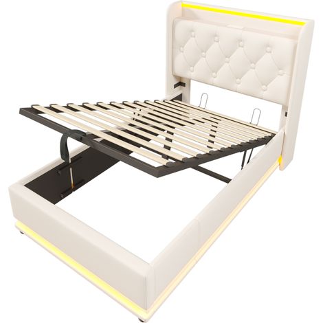 Einzelbett 90x200 cm aus PU mit 360° LED, USB und Type-C, hydraulischem Stauraum, Matratze inklusive, weiß (1/5)