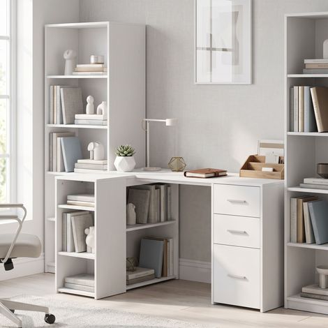 Bureau d'Angle, Bureau Informatique en L, 3 Tiroirs, 5 Compartiments Ouverts, Étagères Réglables, 140x100x75cm, Blanc (1/5)
