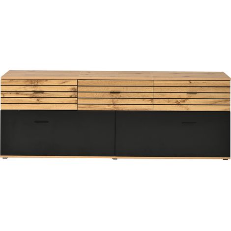 CHICFURN Meuble TV 168 cm avec 2 portes abattantes et 3 tiroirs, banc TV pour écran jusqu'à 65 pouces, rangement salon en MDF et panneau de particules noir et bois clair (1/5)