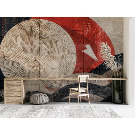 Papier peint nature - lune et vagues abstraites style japonais - 150 x 250 cm (1/2)