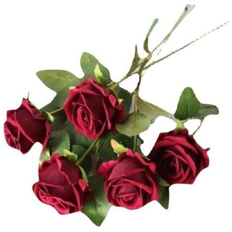 Set of 5 Artificial Roses, Deco Fake Silk Flowers with Single Stem, Realistic Flower for Family Garden Party Hotel Wedding Decoration, Floral Decor 518cm (Red), (1/5)
