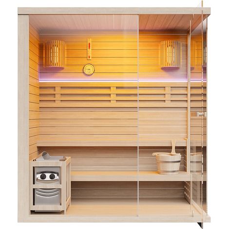 Sauna finlandais vitré à leds avec poêle 6KW - 4/5 places - L180 x P120 x H200 cm - SELKI (1/3)