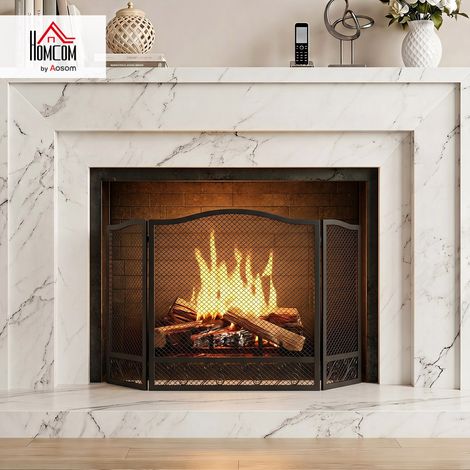 Pare-feu cheminée pliable 3 panneaux - 107 x 60 cm, métal noir - Pare-étincelles et barrière de sécurité - Pour cheminée ou poêle - Design compact et robuste (1/5)