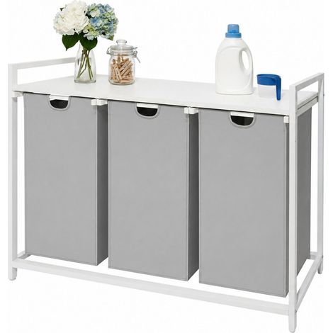 Relaxdays Cesto para ropa sucia, 3 bolsas, 150 l, estante efecto madera, H x A x F: 73,5 x 109,5 x 33 cm, gris/blanco (1/5)