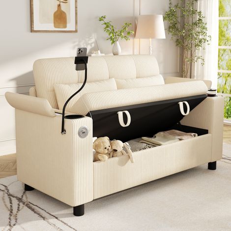 Canapé 2 Places en Velours Côtelé avec Rangement Intégré, Porte-Gobelets, Support Téléphone, USB-C et Coussins - Beige (1/5)