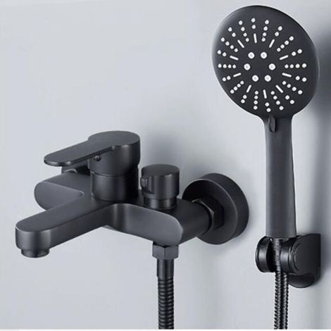 Black Bath Mixer Tap with 3-Jet Hand Shower - Wall-Mounted Shower Faucet - Single Lever for Bath with Holder and Hose (1/4)