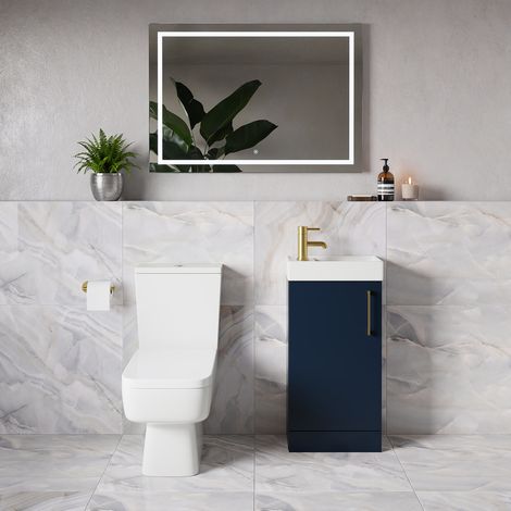 Napoli Cube Deep Blue 400mm Single Door Vanity Unit and Toilet Suite with Align Basin - 400mm - Brushed Brass 160mm Handle